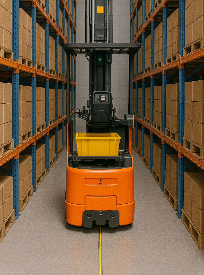 Wire guided VNA forklifts in warehouse aisle